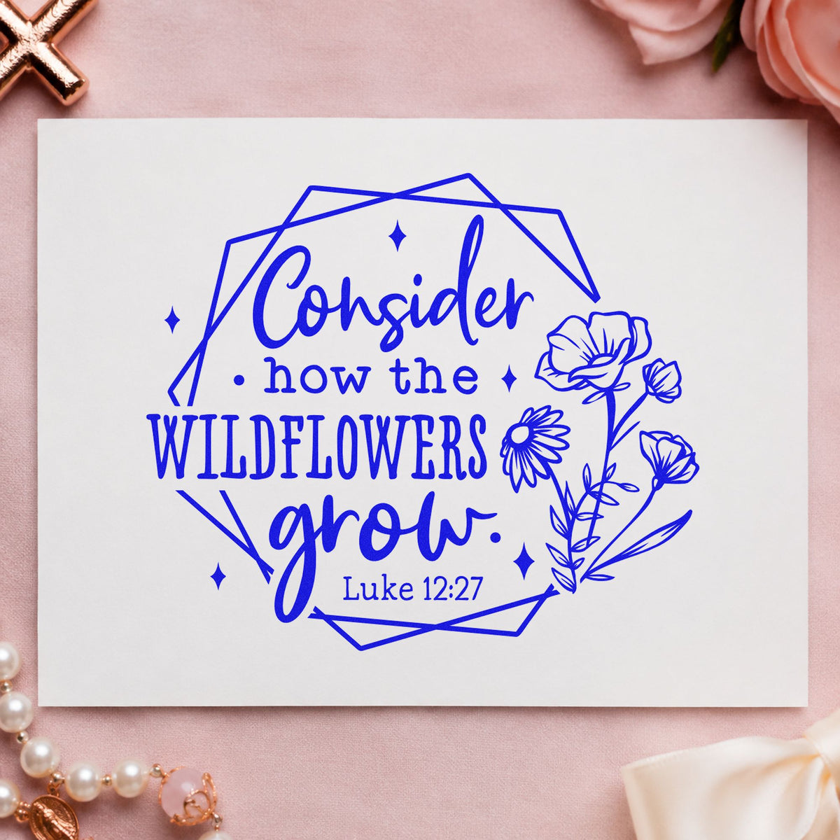 Wildflowers Geometric Frame craft stamp imprinted in blue ink on paper, a design suited to plant pot labels.