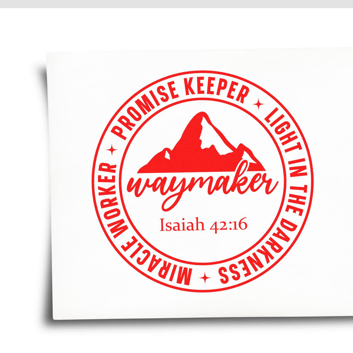 Waymaker Mountain Badge rubber stamp shown in red ink, stamped for projects such as worship concert tees.
