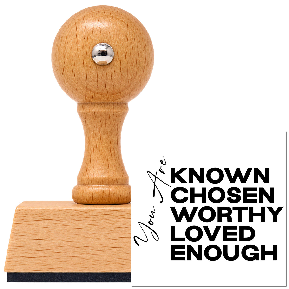Vintage Pro beech wood stamp with a round knob handle, shown with its black Known, Chosen, Worthy, Loved, Enough imprint on white.