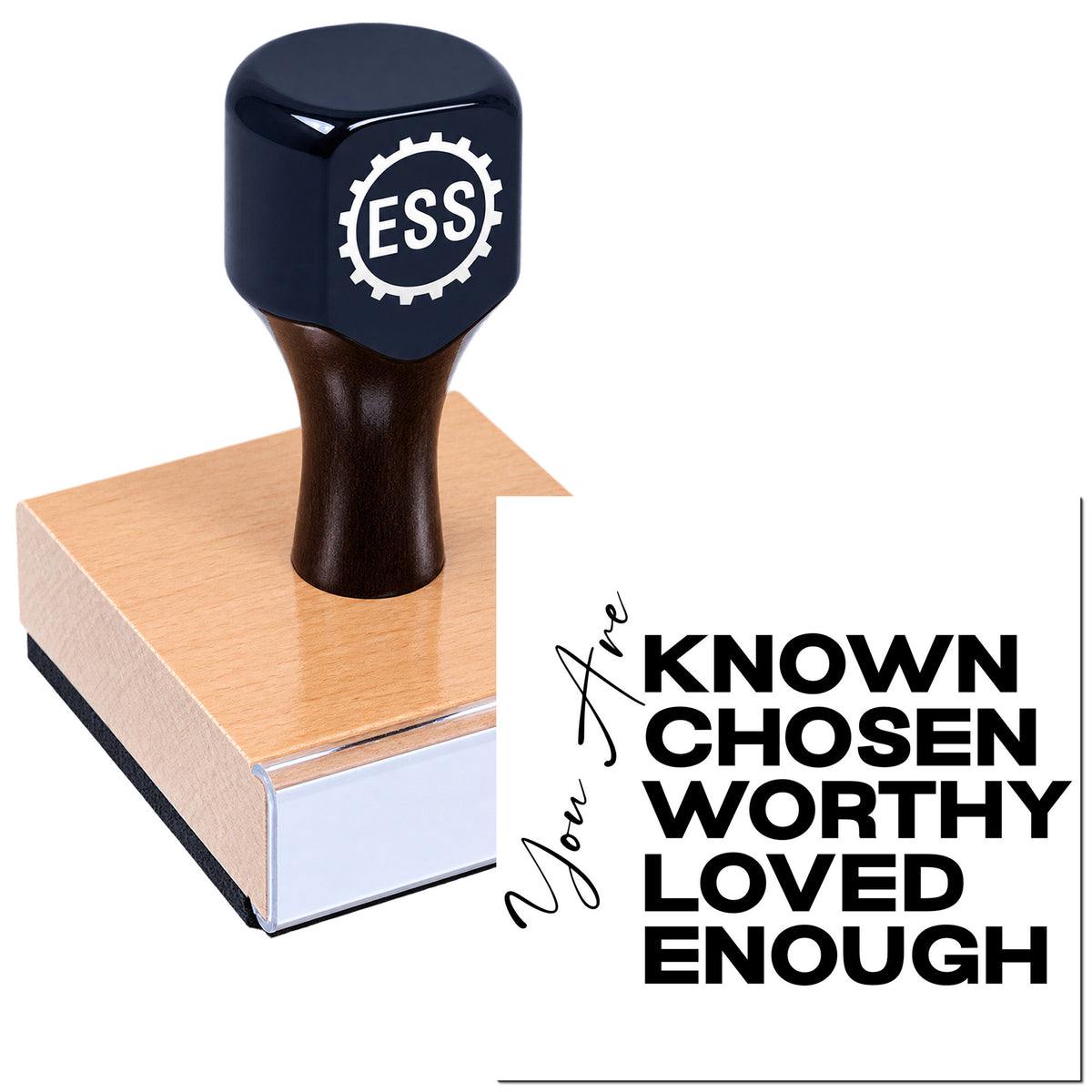 Dark navy ESS rubber stamp on a peach seal block with white "You are KNOWN CHOSEN WORTHY LOVED ENOUGH" design.
