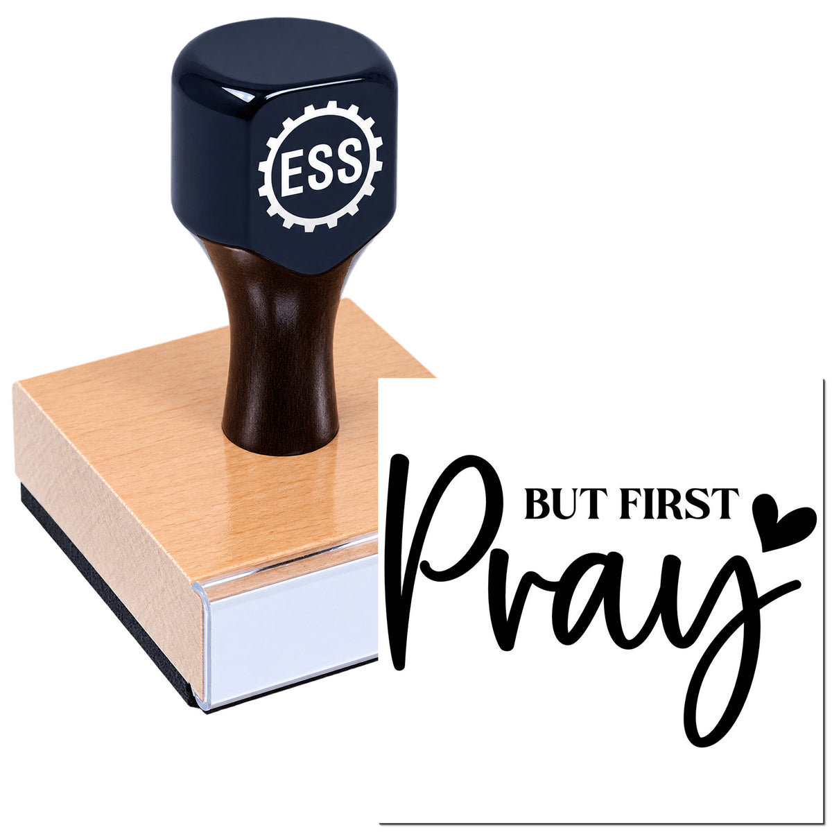 Navy ESS custom stamp seal on wooden block with black "But First Pray" script and heart accent.