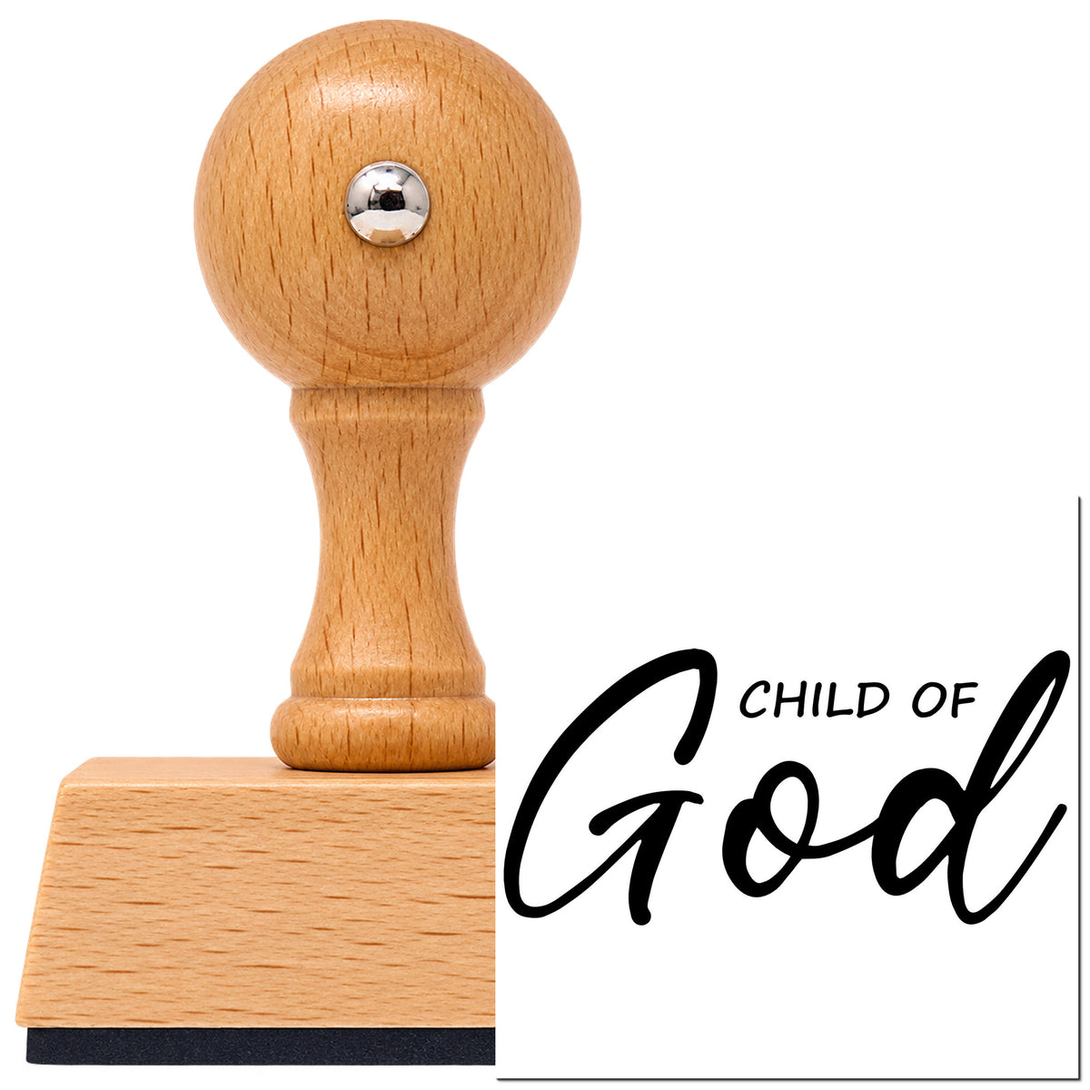 Vintage Pro beech wood stamp with a round knob handle, shown with its black Child Of God Script Lettering imprint on white.