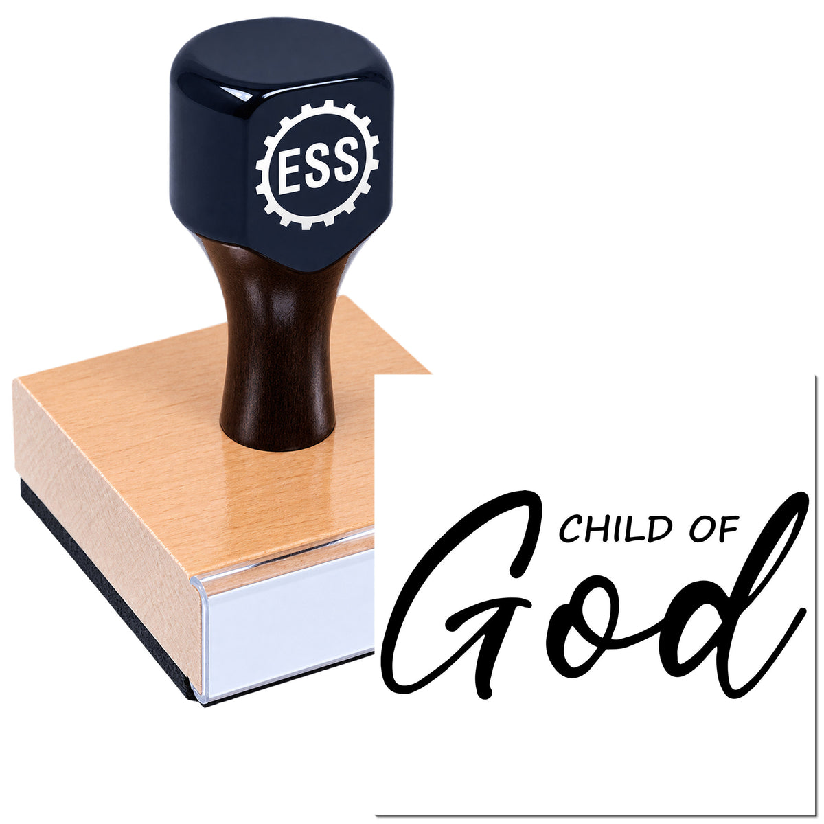 Black ESS rubber stamp on wooden base beside black "Child of God" seal on a white background.