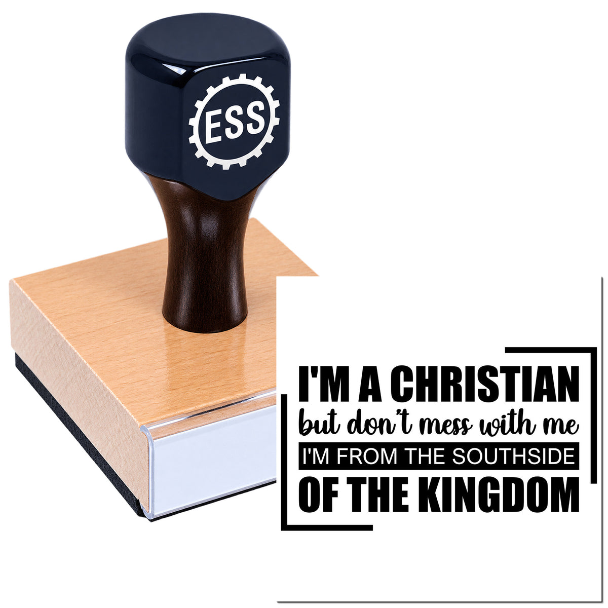 Black ESS custom stamp and seal on wooden block with Christian slogan, on a white background.