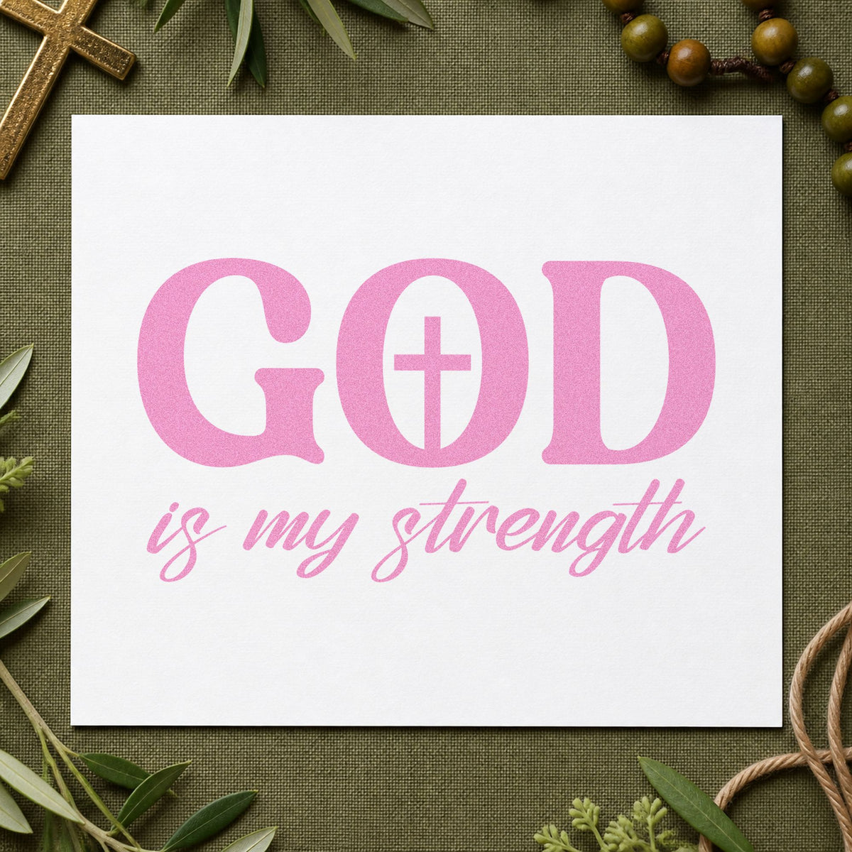God Is My Strength craft stamp in purple ink on cardstock, an easy option for physical therapy notes.