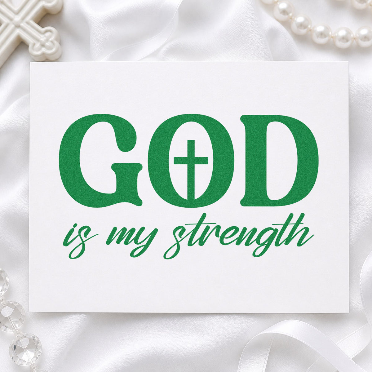 God Is My Strength craft stamp imprint in green ink on a handmade project, one idea being hospital care kits.