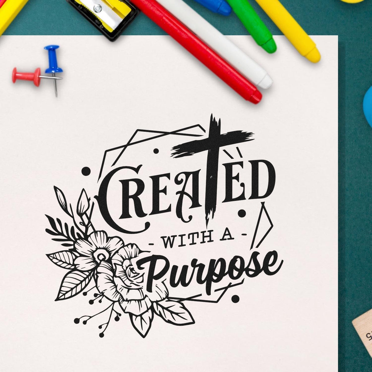 Created With A Purpose Brushstroke Cross Slim Pre-Inked Stamp imprint stamped in black ink. Flowers, a brushstroke cross, and a geometric outline frame "Created with a purpose."