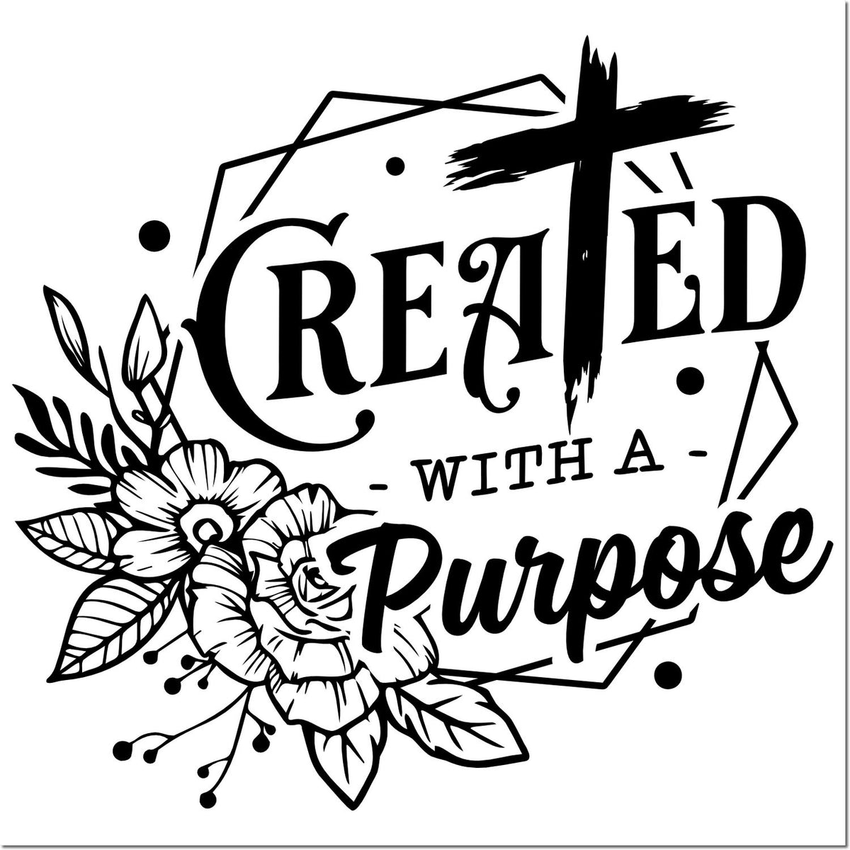 Black "Created with a Purpose" stamp and seal design with floral accents and geometric shapes on white background.