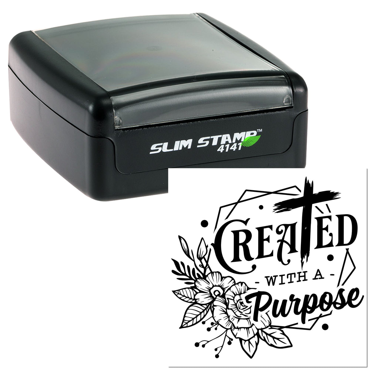 Black Slim Stamp 4141 self-inking stamp with custom "Created with a Purpose" seal design and floral accents.