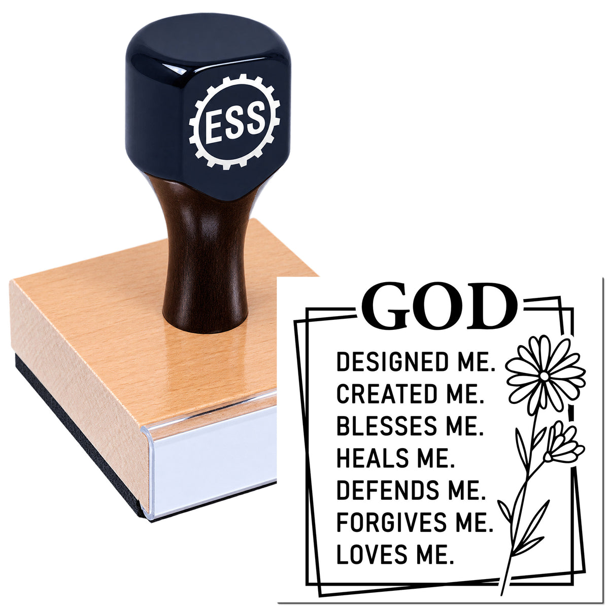 Dark blue rubber stamp on wooden base beside black GOD seal design with flowers and faith text.