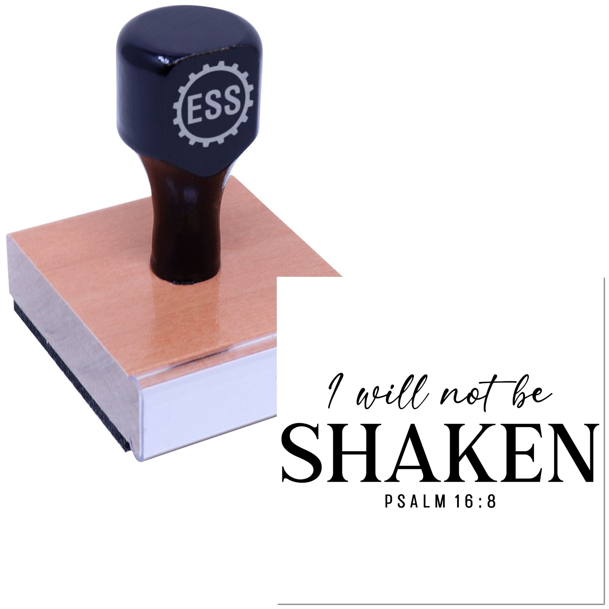 Dark navy ESS rubber stamp and seal on a wooden block beside I will not be shaken Psalm 16:8 text.