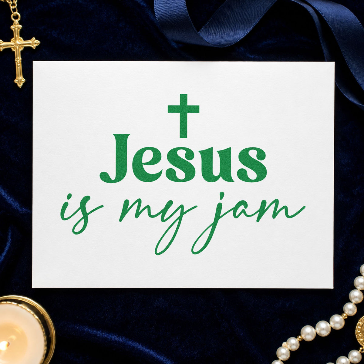Jesus Is My Jam Script craft stamp imprint in green ink on a handmade project, one idea being kids' church crafts.
