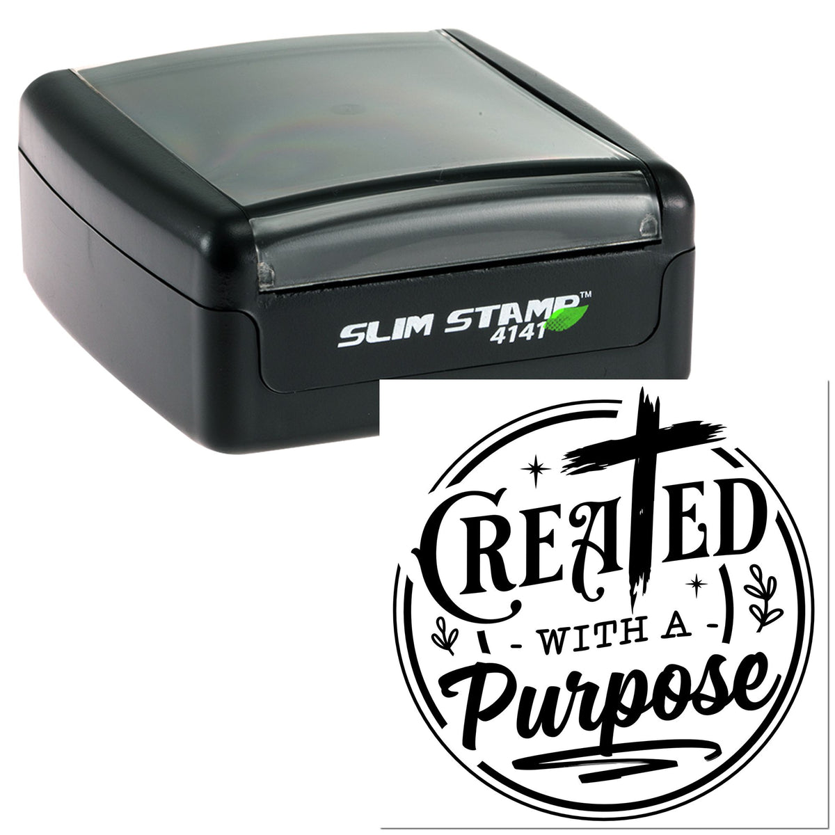 Black self-inking Slim Stamp 4141 with custom circular seal reading Created with a purpose in bold black.