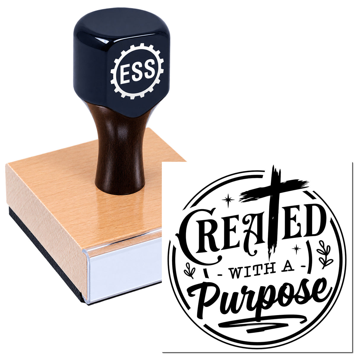 Black ESS rubber stamp on a wooden block with a "Created with a Purpose" seal design in bold black lettering