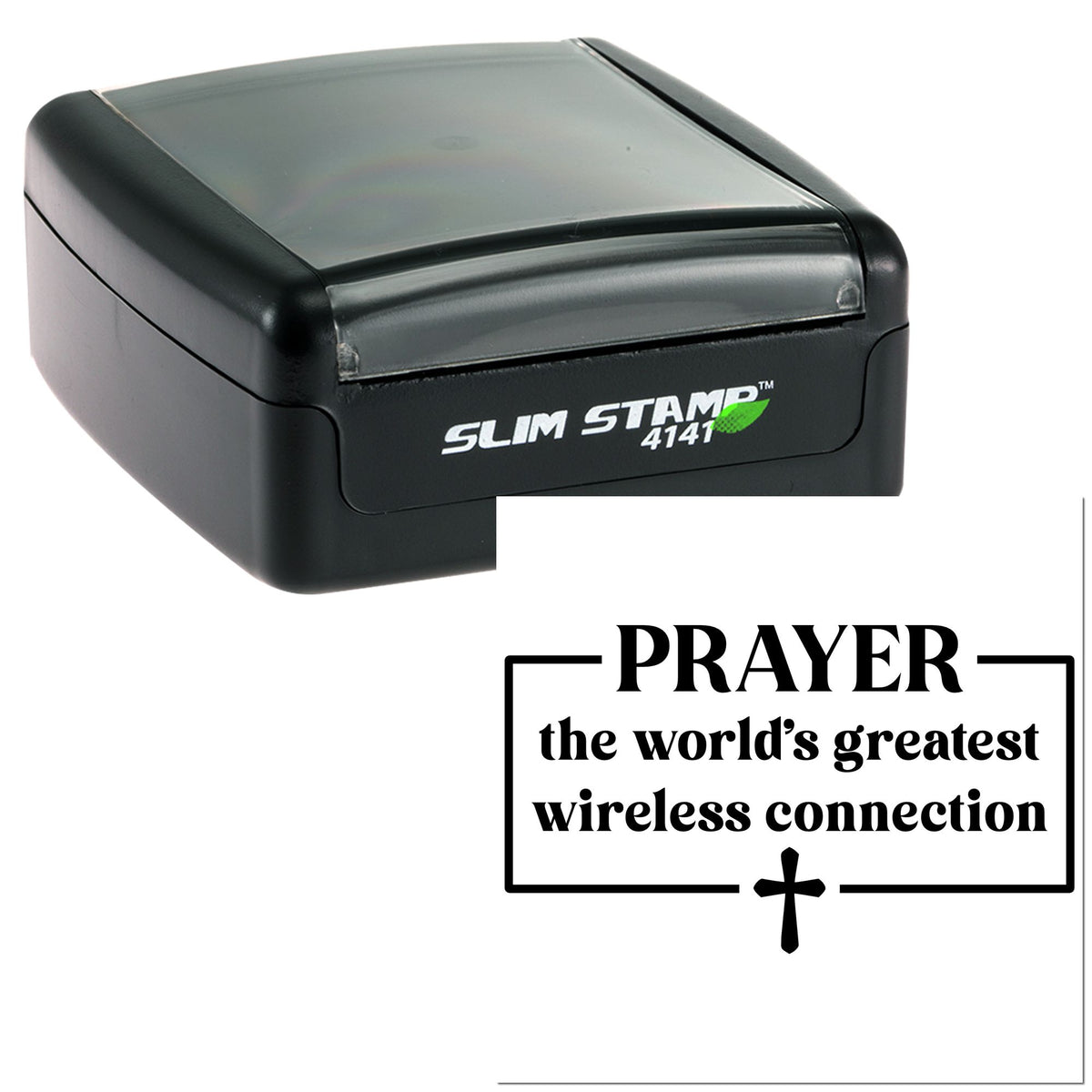 Black Slim Stamp 4141 self-inking stamp and seal with white PRAYER text, black border, and cross.