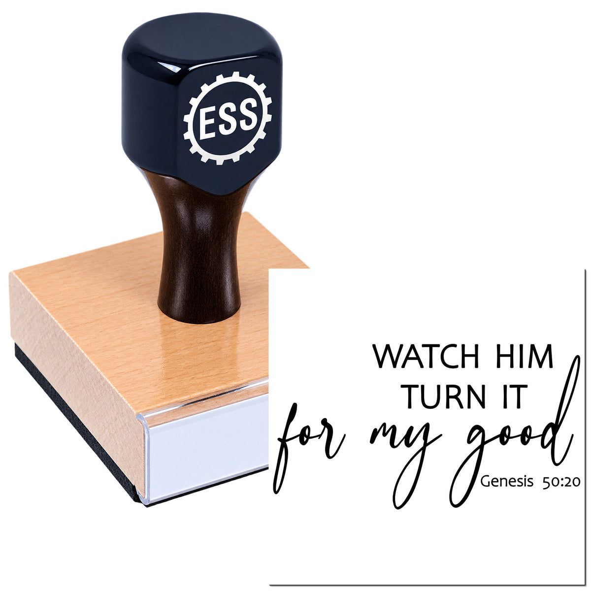 Black ESS stamp seal on copper-toned block with "Watch him turn it for my good" and Genesis 50:20.
