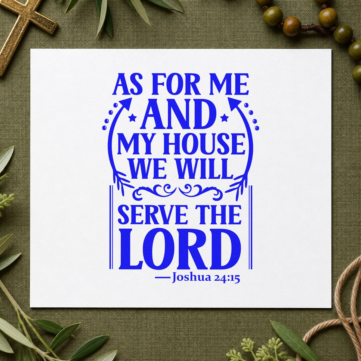 As for Me and My House craft stamp in blue ink on cardstock, an easy option for canvas pillow covers.