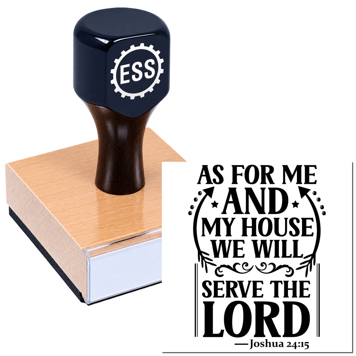 Navy rubber stamp and wooden seal block with white ESS logo, showing black Joshua 24:15 text design.