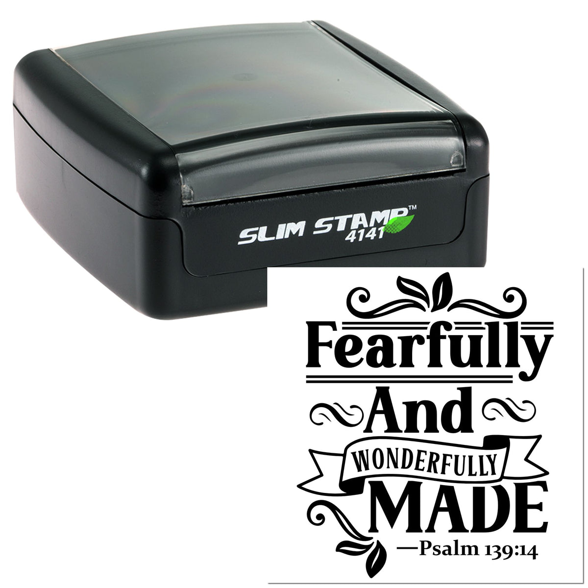 Black Slim Stamp 4141 self-inking stamp with decorative seal reading Fearfully and Wonderfully Made on white background