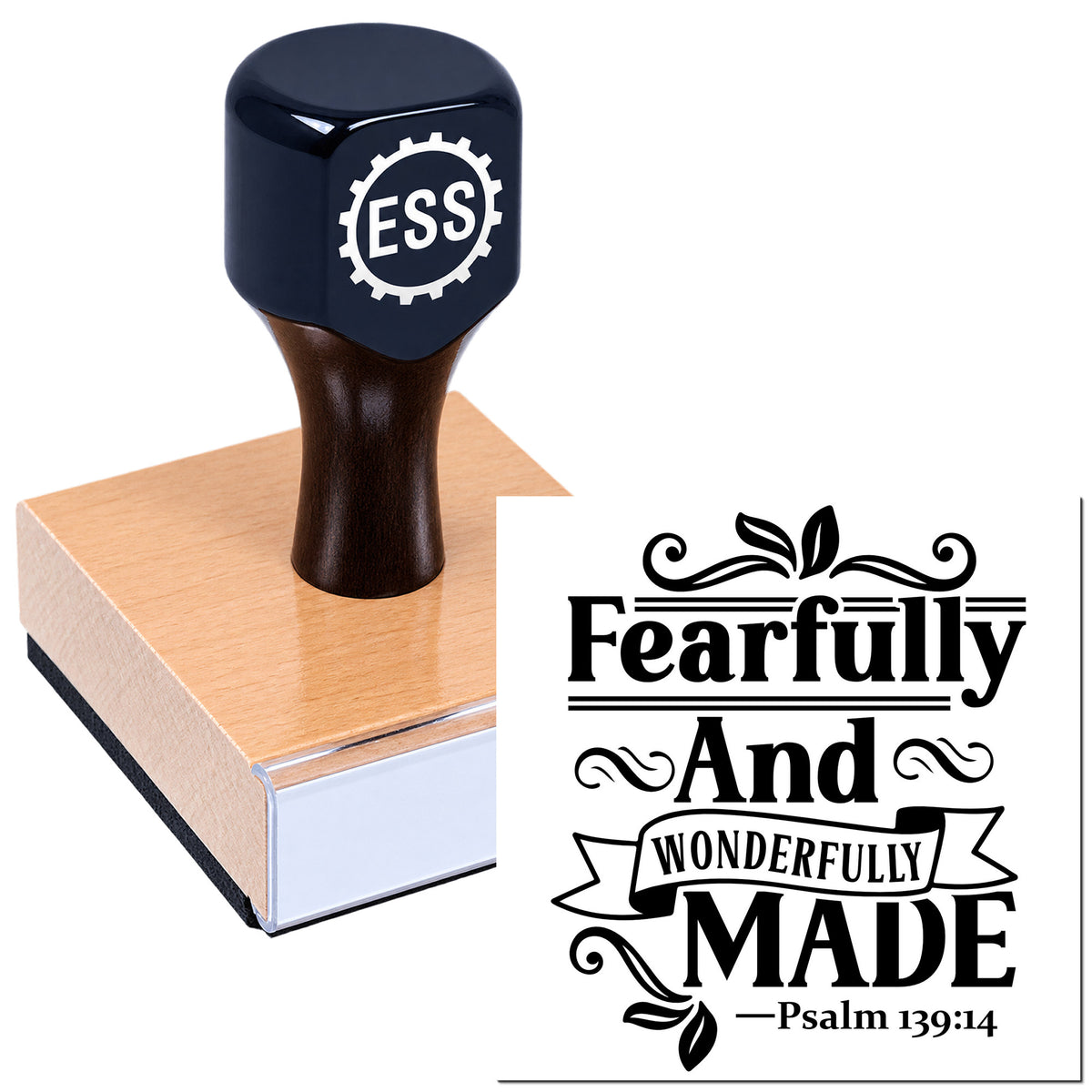 Black ESS stamp on a tan block with a black "Fearfully and Wonderfully Made" seal design, Psalm 139:14.