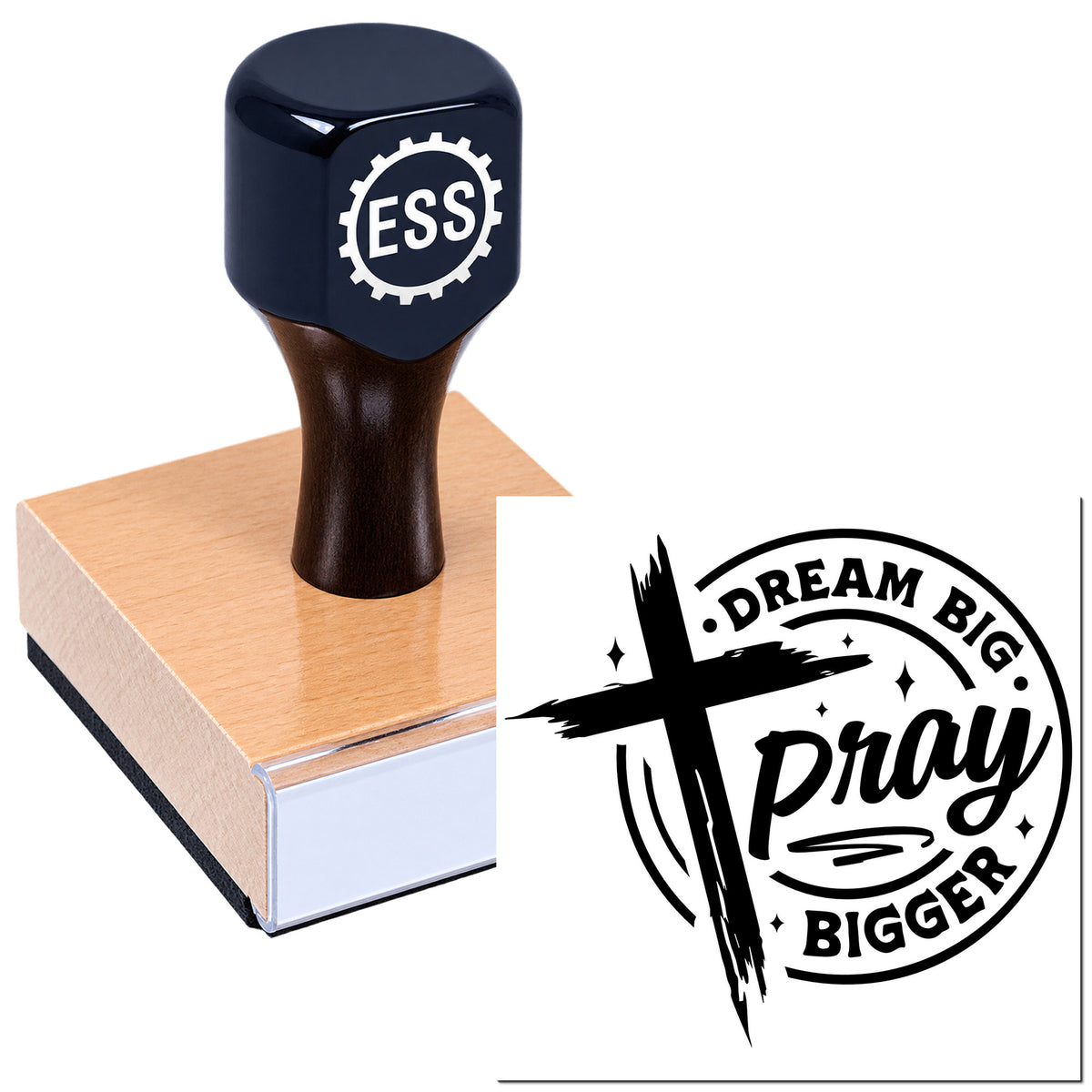 Dark navy custom stamp seal on wooden block with ESS logo and bold black "Dream Big Pray Bigger" imprint