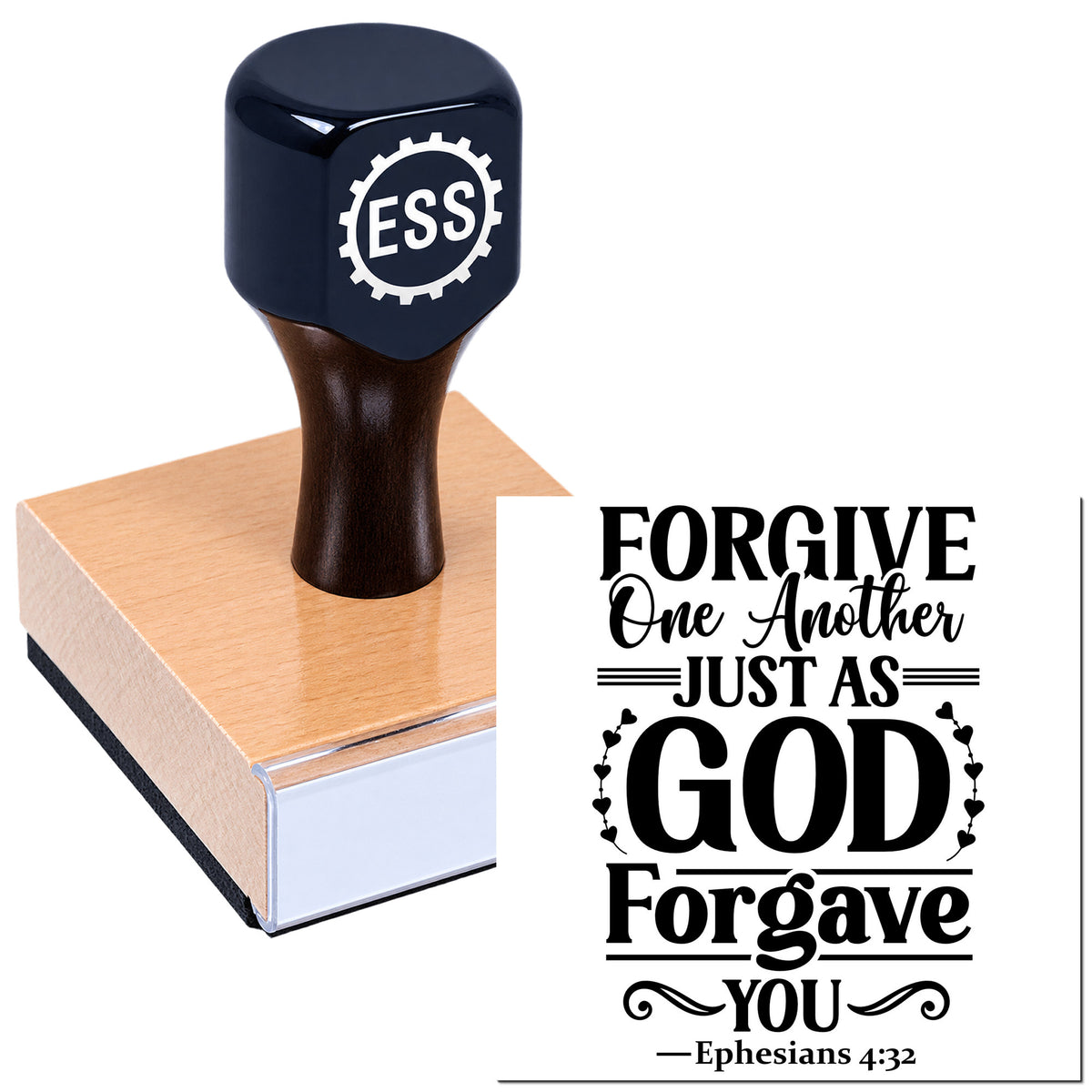 Dark navy ESS stamp and wooden seal block with white Christian verse: "Forgive one another just as God forgave you."