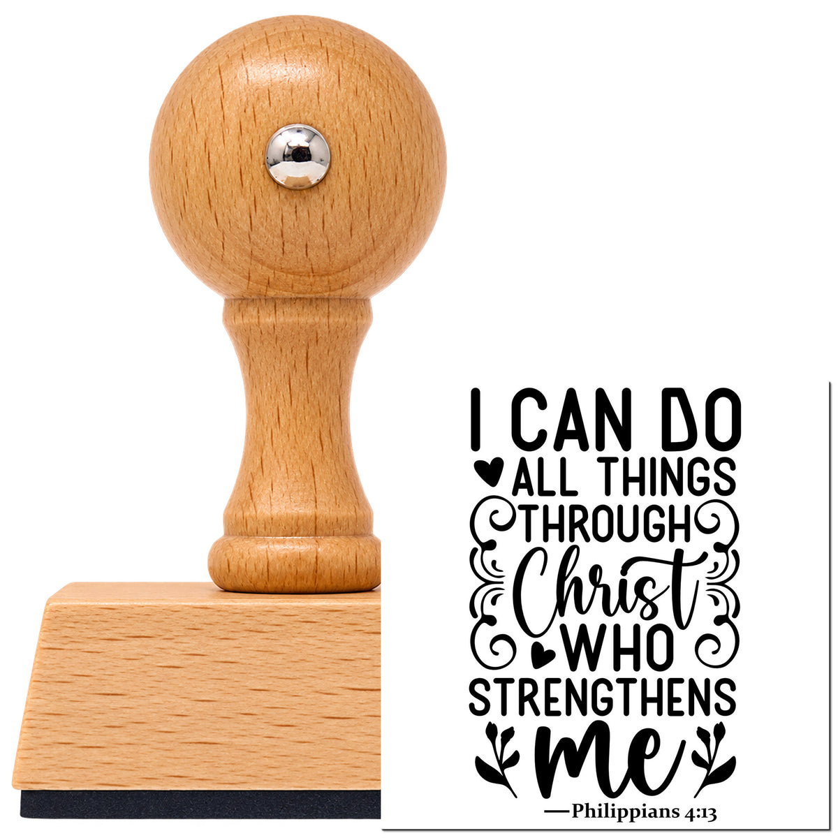 Vintage Pro beech wood stamp with a round knob handle, shown with its black I Can Do All Things Through Christ Who Strengthens Me imprint on white.