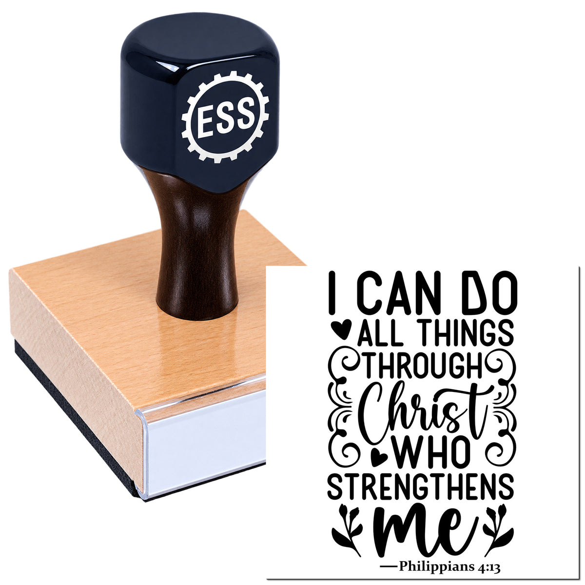 Dark navy ESS rubber stamp on wooden block beside black "I can do all things through Christ" seal design.