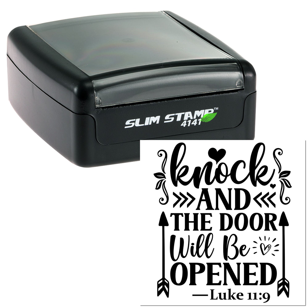 Black Slim Stamp 4141 with custom seal design; black decorative text on white reads Knock and the door will be opened.
