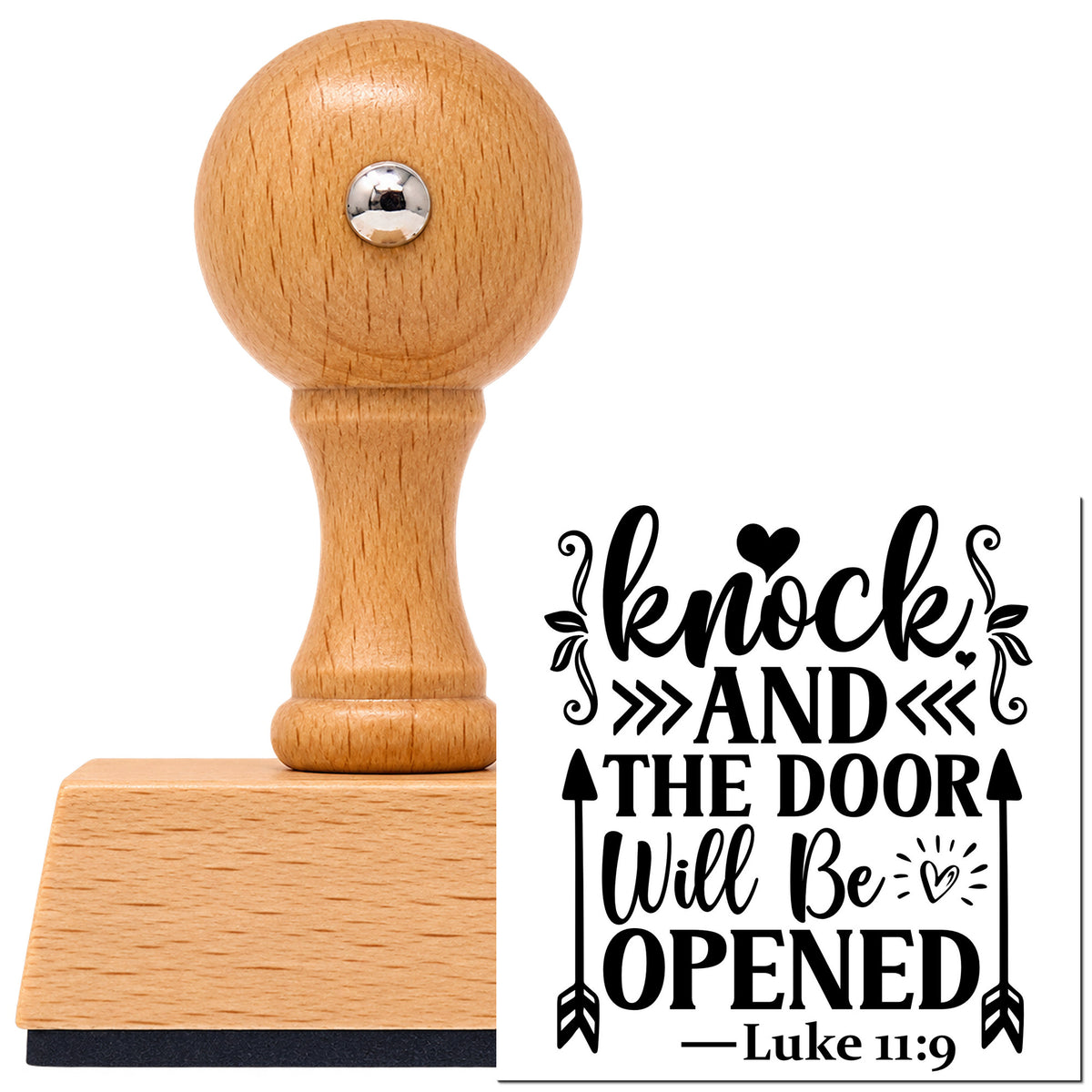 Vintage Pro beech wood stamp with a round knob handle, shown with its black Knock And The Door Will Open imprint on white.