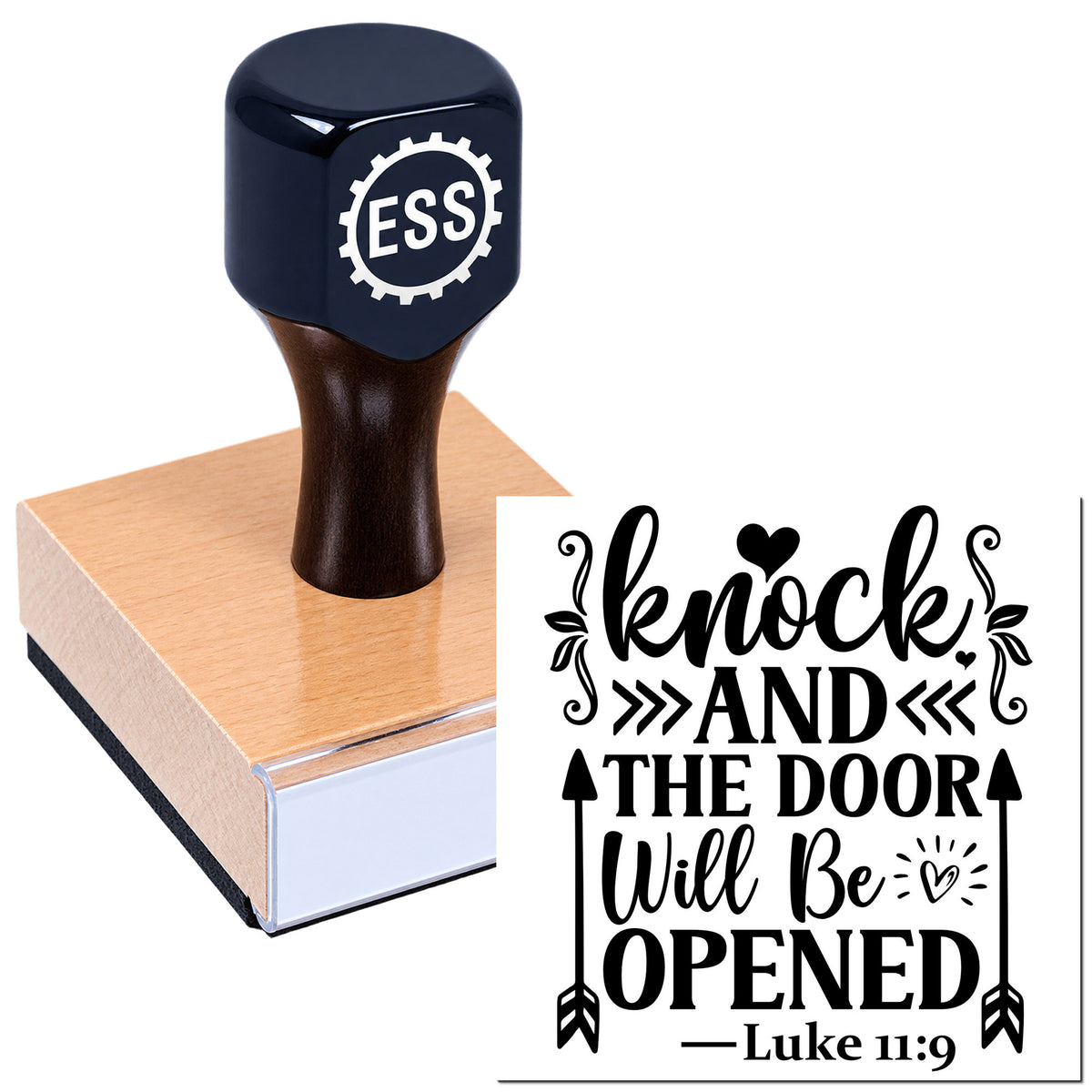 Navy ESS stamp and seal on wooden block with black "knock and the door will be opened" text and decorative arrows.