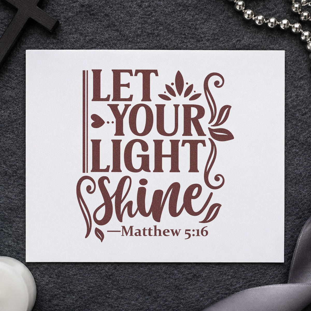 Let Your Light Shine Leaves rubber stamp printed in brown ink, ready for service day pages and similar paper crafts.