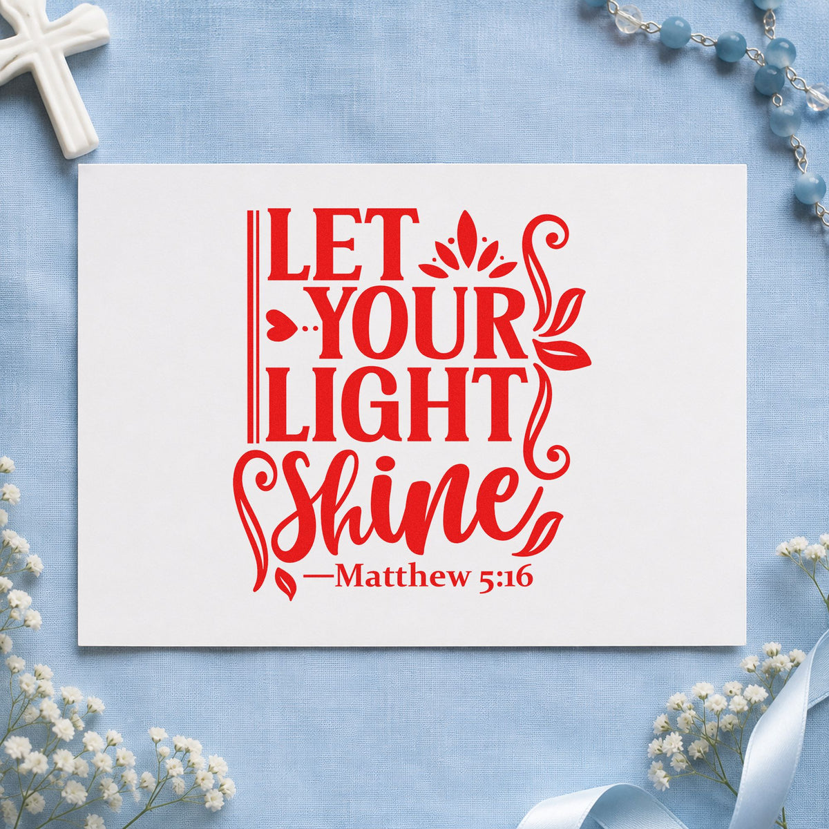 Let Your Light Shine Leaves rubber stamp shown in red ink, stamped for projects such as lantern craft tags.