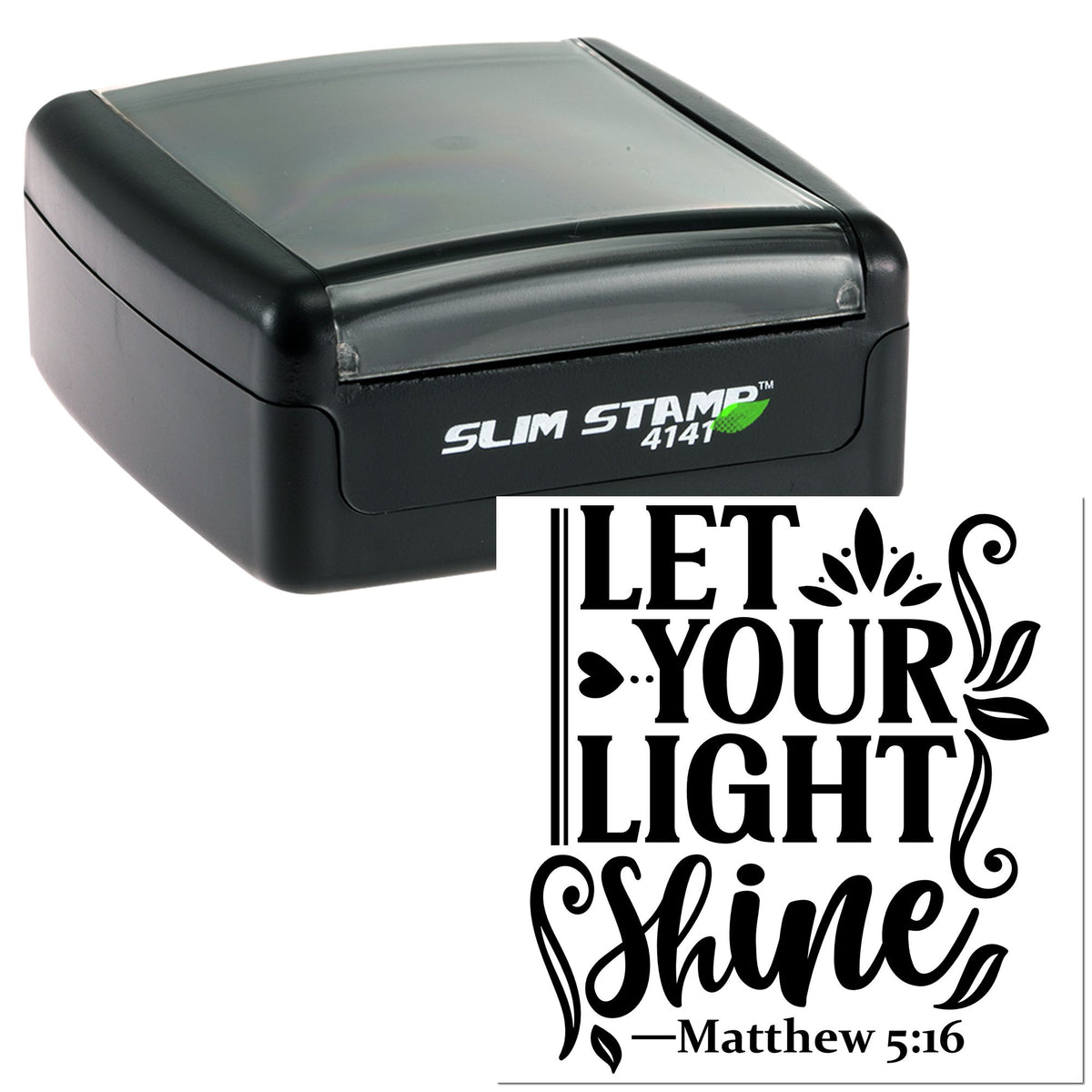 Black slim self-inking stamp and seal with clear top, showing a decorative Let Your Light Shine design in black.
