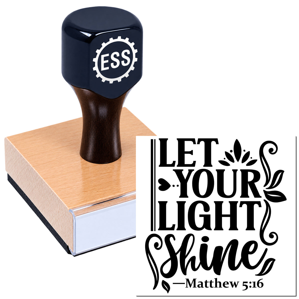 Dark navy self-inking stamp and seal with ESS logo beside bold black "Let Your Light Shine" Matthew 5:16 imprint.