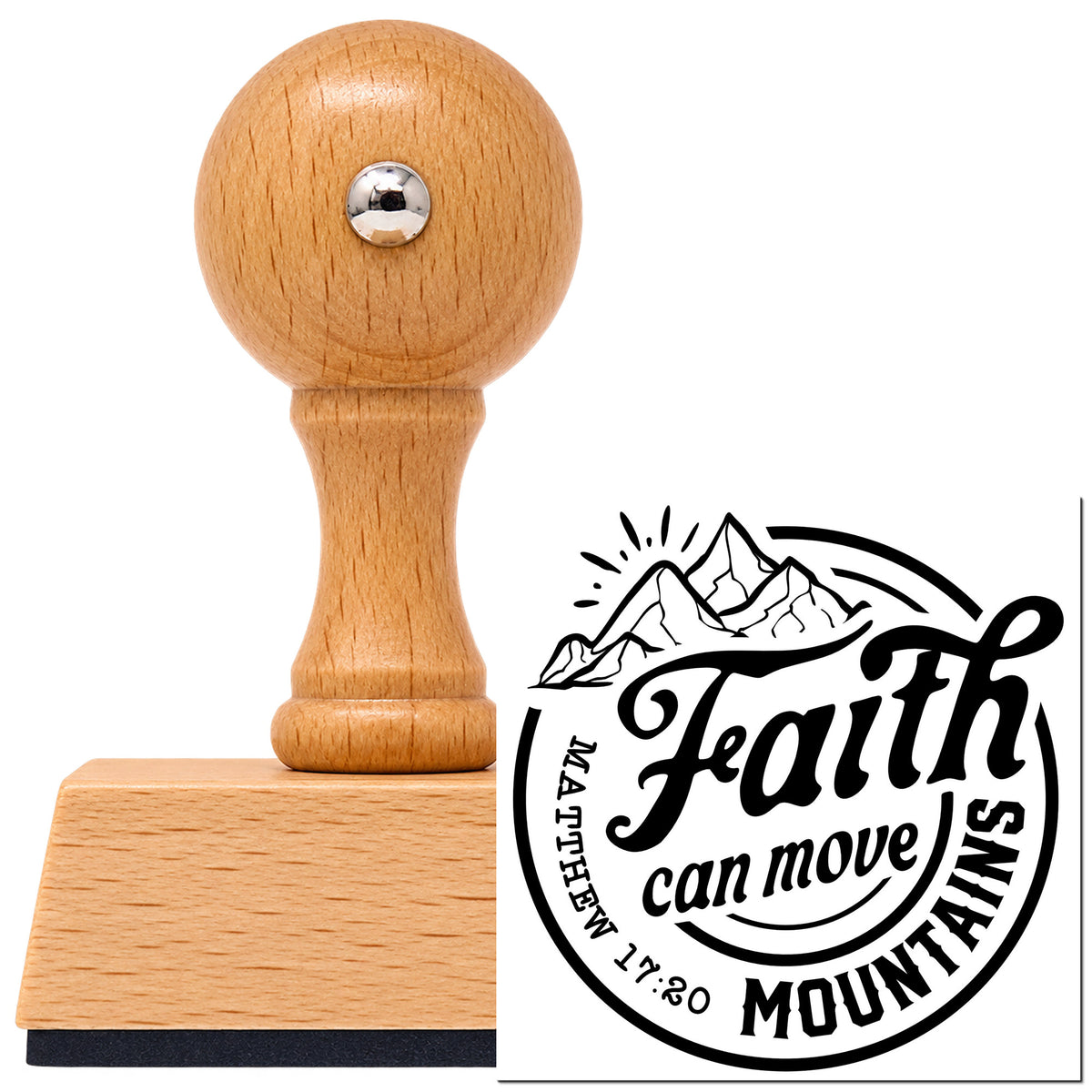 Vintage Pro beech wood stamp with a round knob handle, shown with its black Faith Moves Mountains Circle Outline Detail imprint on white.