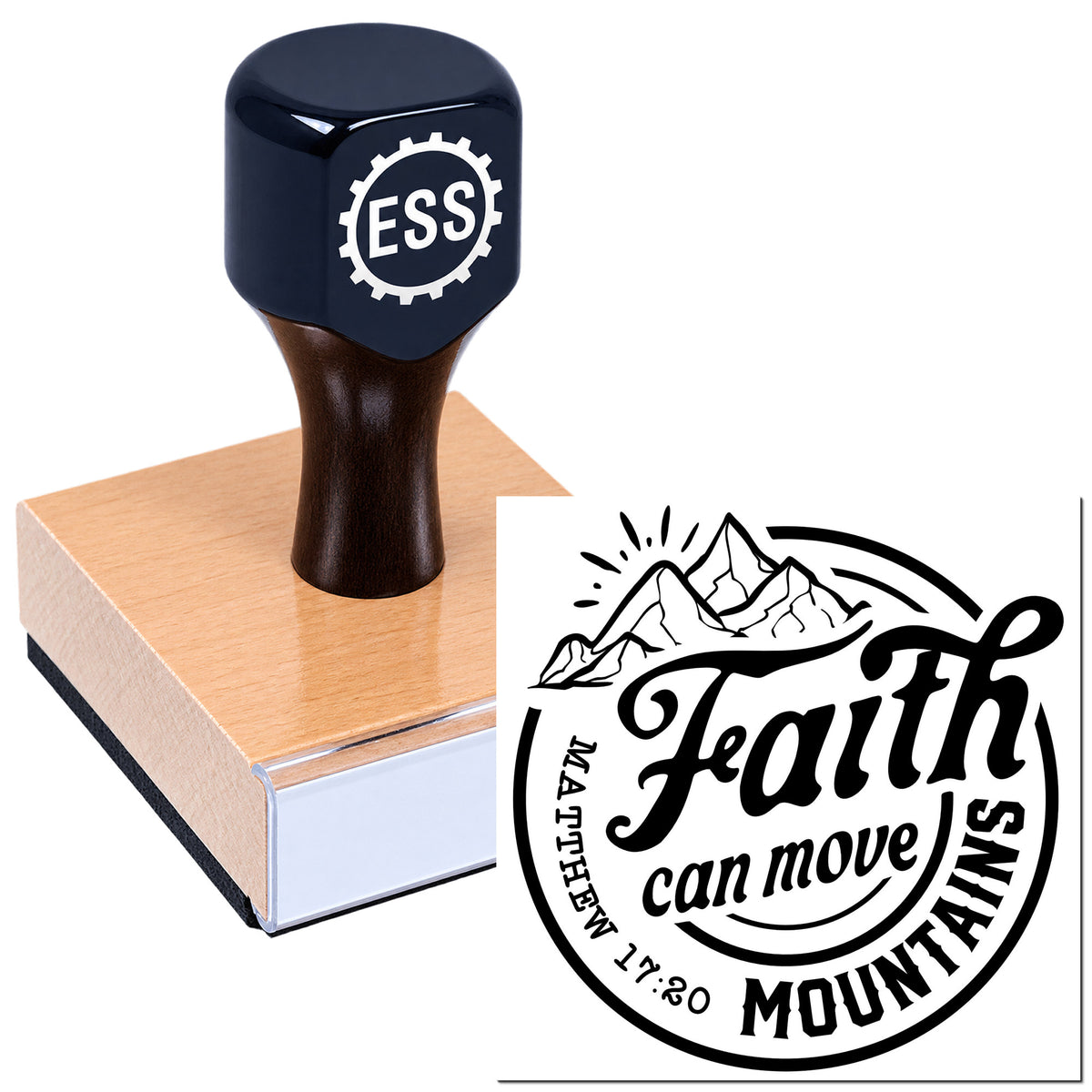 Navy ESS stamp and seal on pink block, with black faith-themed seal design reading "Faith can move mountains"
