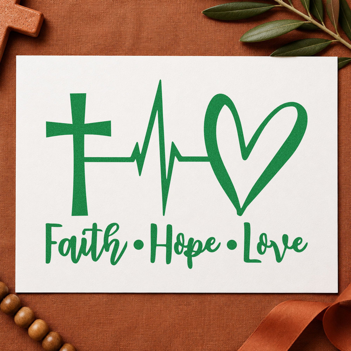 Faith Hope Love Heartbeat craft stamp imprint in green ink on a handmade project, one idea being cardiac recovery gifts.