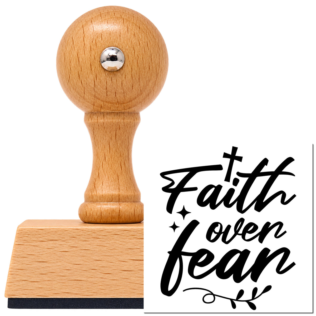 Vintage Pro beech wood stamp with a round knob handle, shown with its black Faith Over Fear Flourish imprint on white.