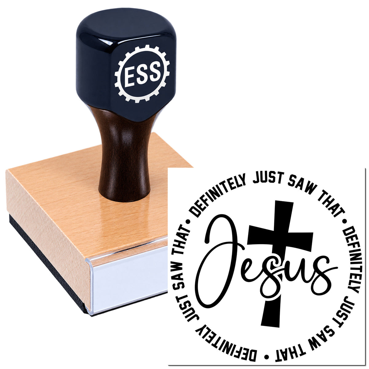 Dark navy ESS rubber stamp on a pink wooden block, with black Jesus cross seal design on white background.