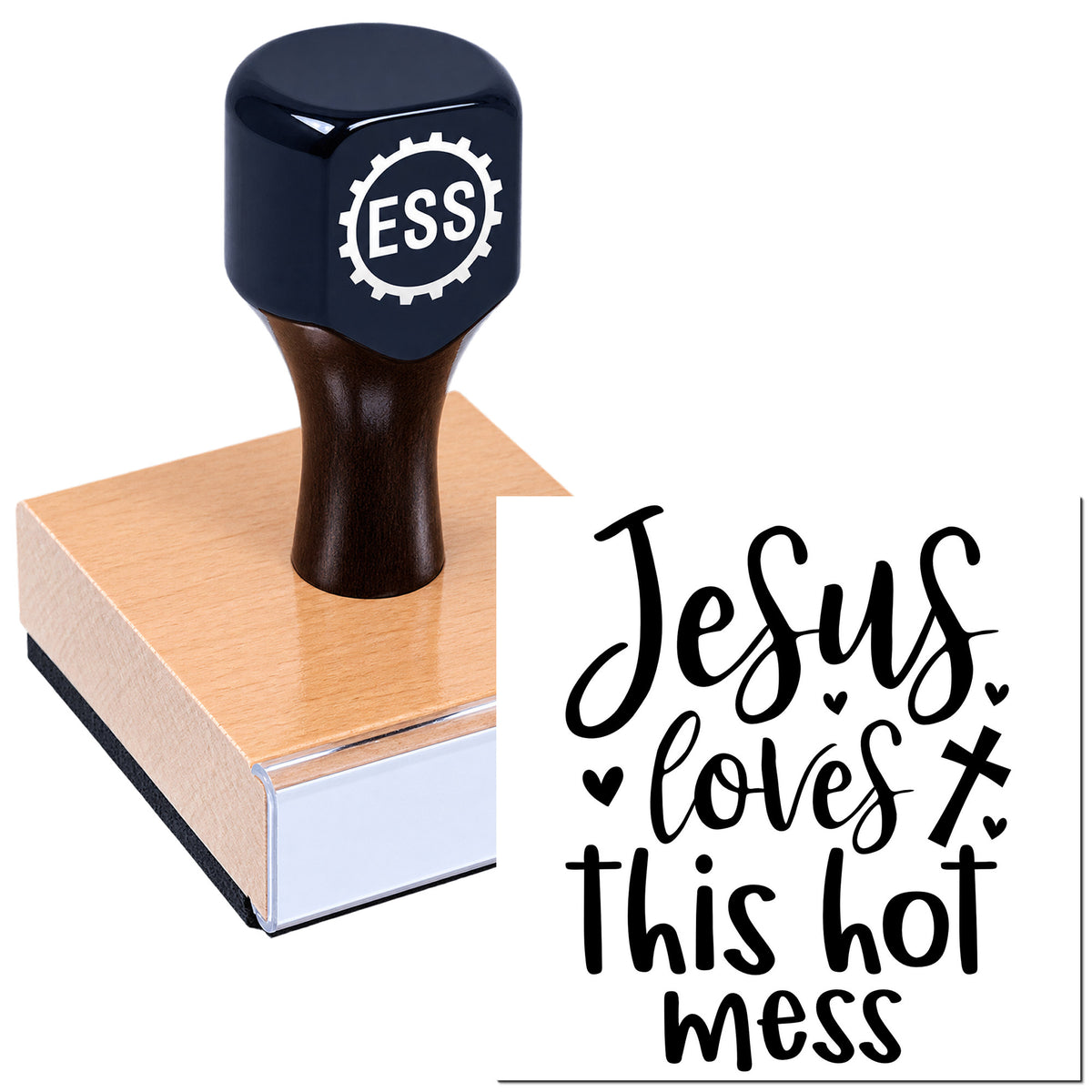 Dark blue ESS rubber stamp on tan block beside black "Jesus loves this hot mess" seal design.