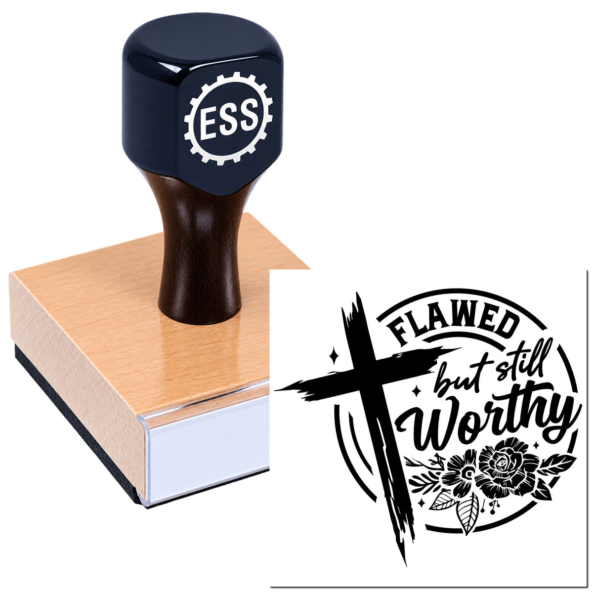 Dark navy self-inking stamp on a wood block beside a black seal design with cross, flowers, and "Flawed but still worthy."