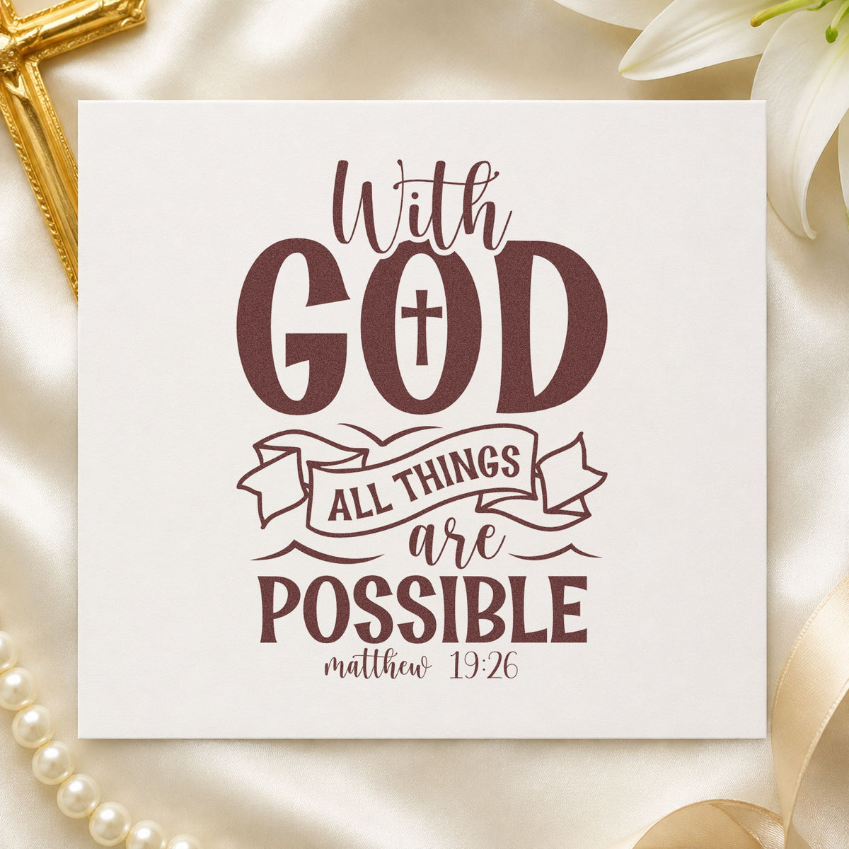 With God Possible Outline Banner rubber stamp printed in brown ink, ready for milestone scrapbooks and similar paper crafts.