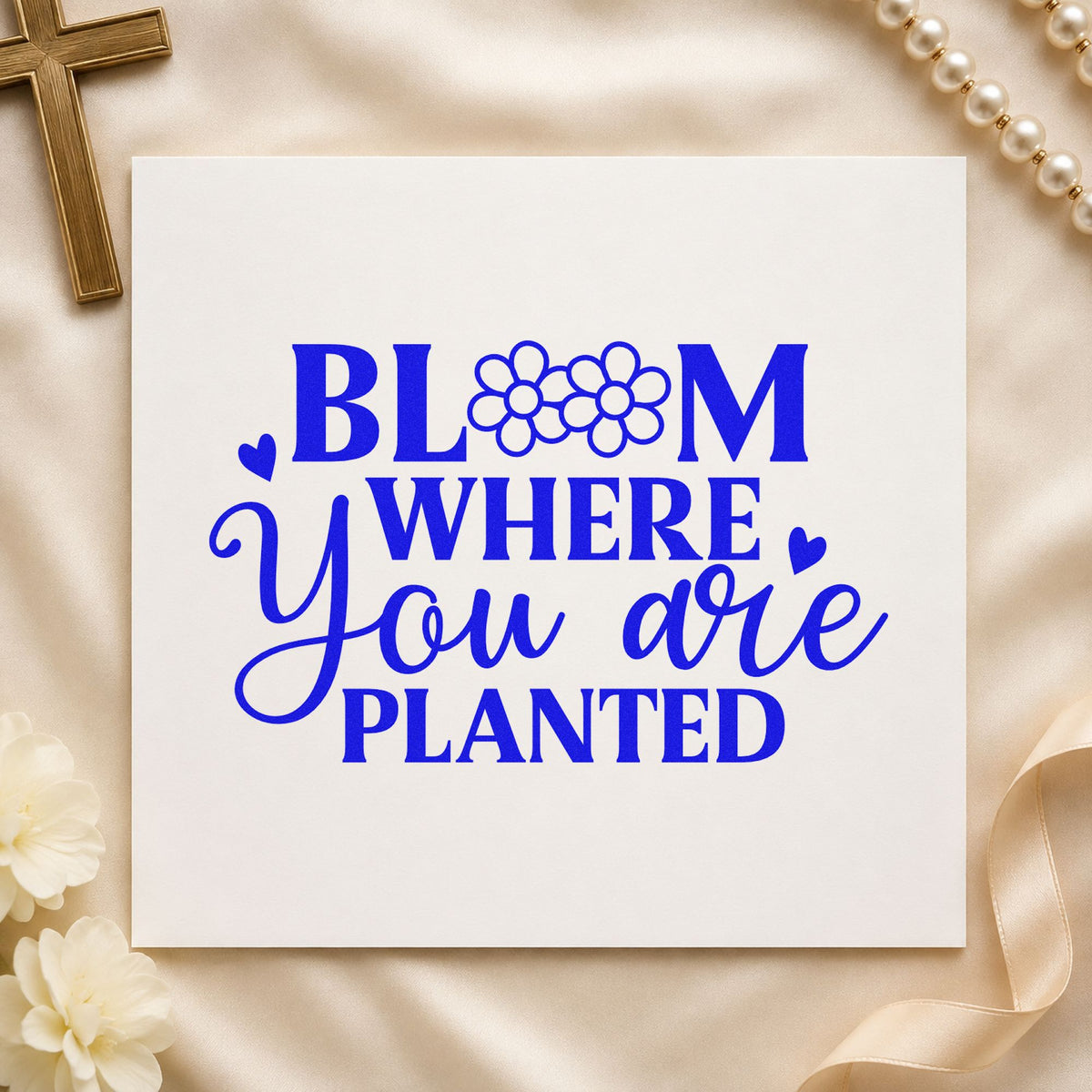 Bloom Where You Are Planted craft stamp in blue ink on cardstock, an easy option for seed packet gifts.