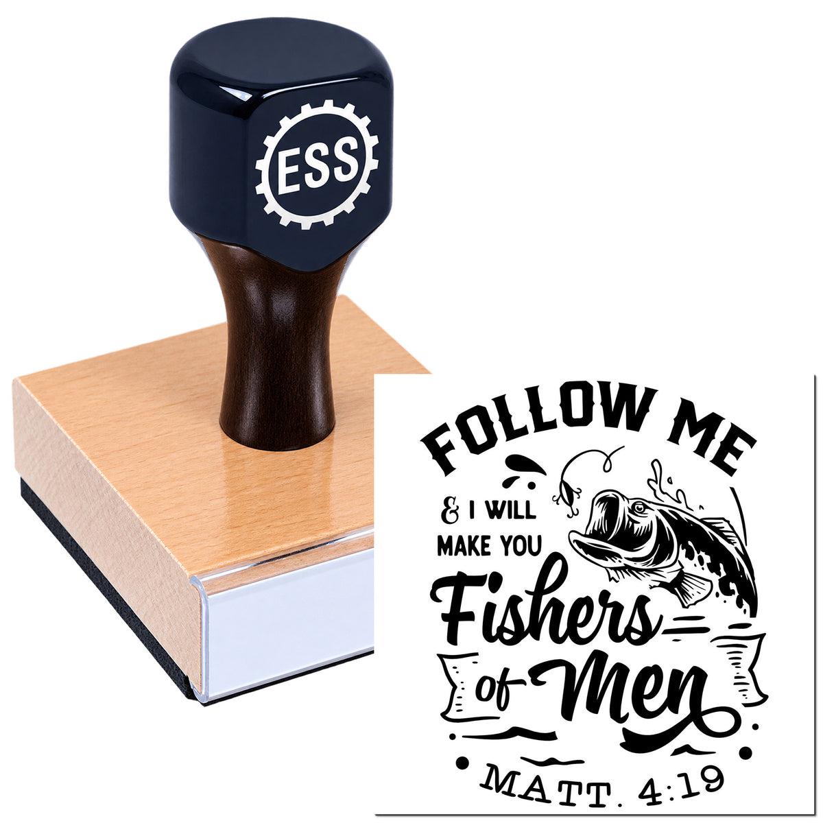 Black ESS custom stamp on pink wooden block, showing a black-and-white fishing seal reading "Follow Me..."