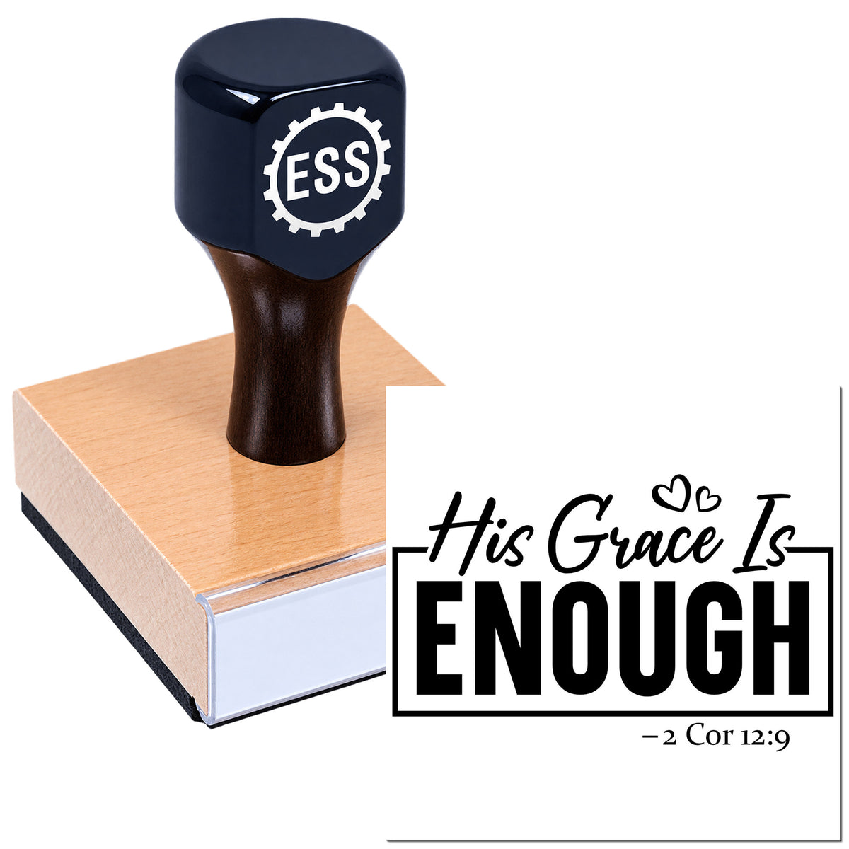 Navy rubber stamp with ESS gear logo on a wooden base beside a black-and-white "His Grace Is Enough" seal design.