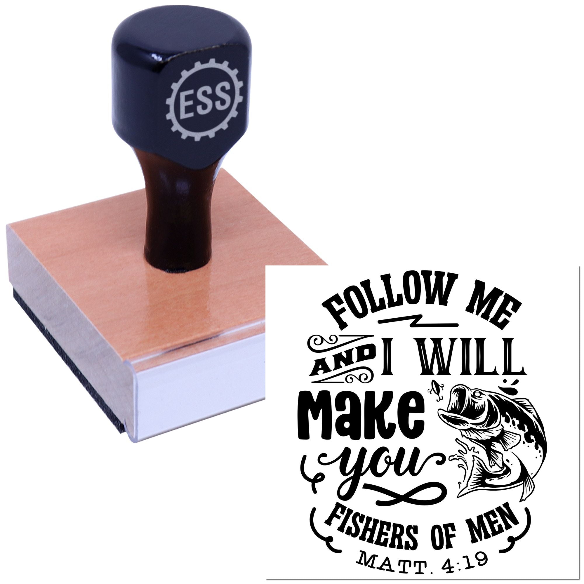 Black ESS stamp and seal on wooden base with fish design and Follow Me... Bible verse text.