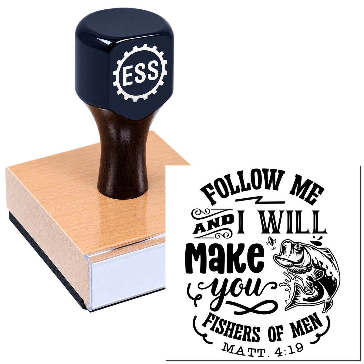 Black ESS stamp on a wooden seal block, showing a white "Follow Me..." fish design in bold black lettering.