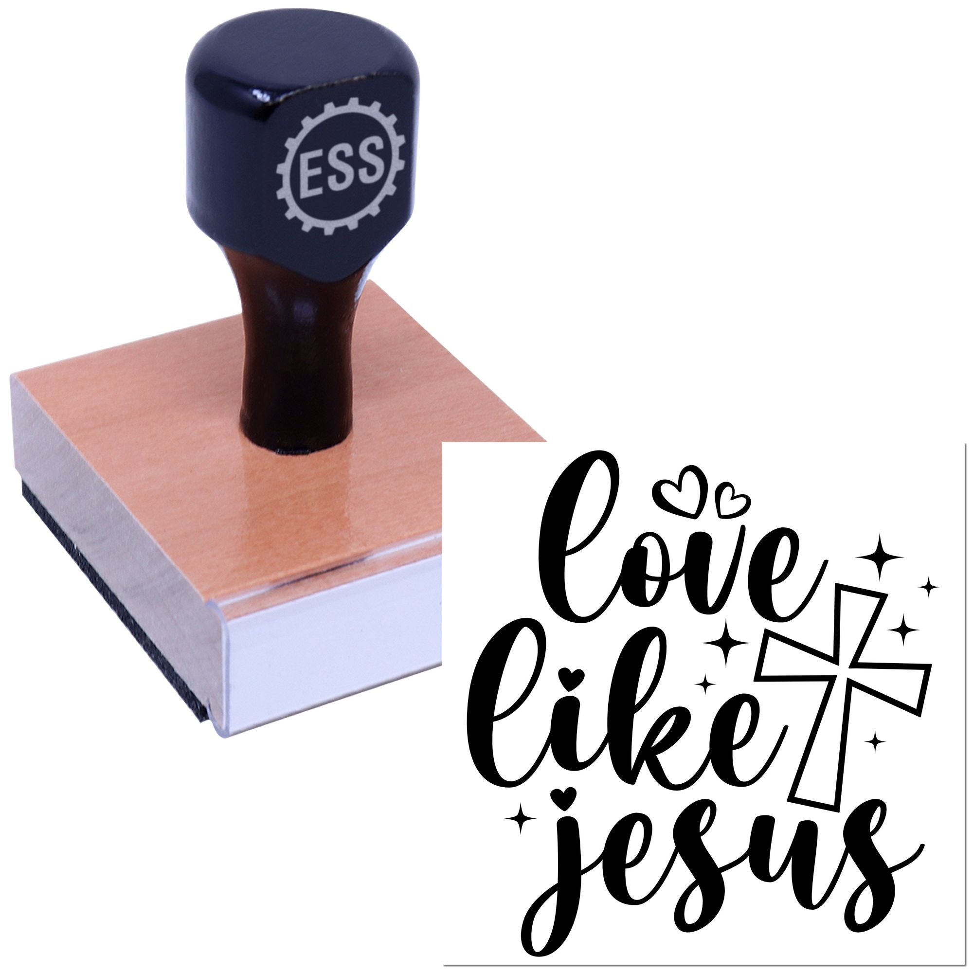Dark navy ESS rubber stamp and seal with brown base, printing black love like Jesus script, hearts, and cross.