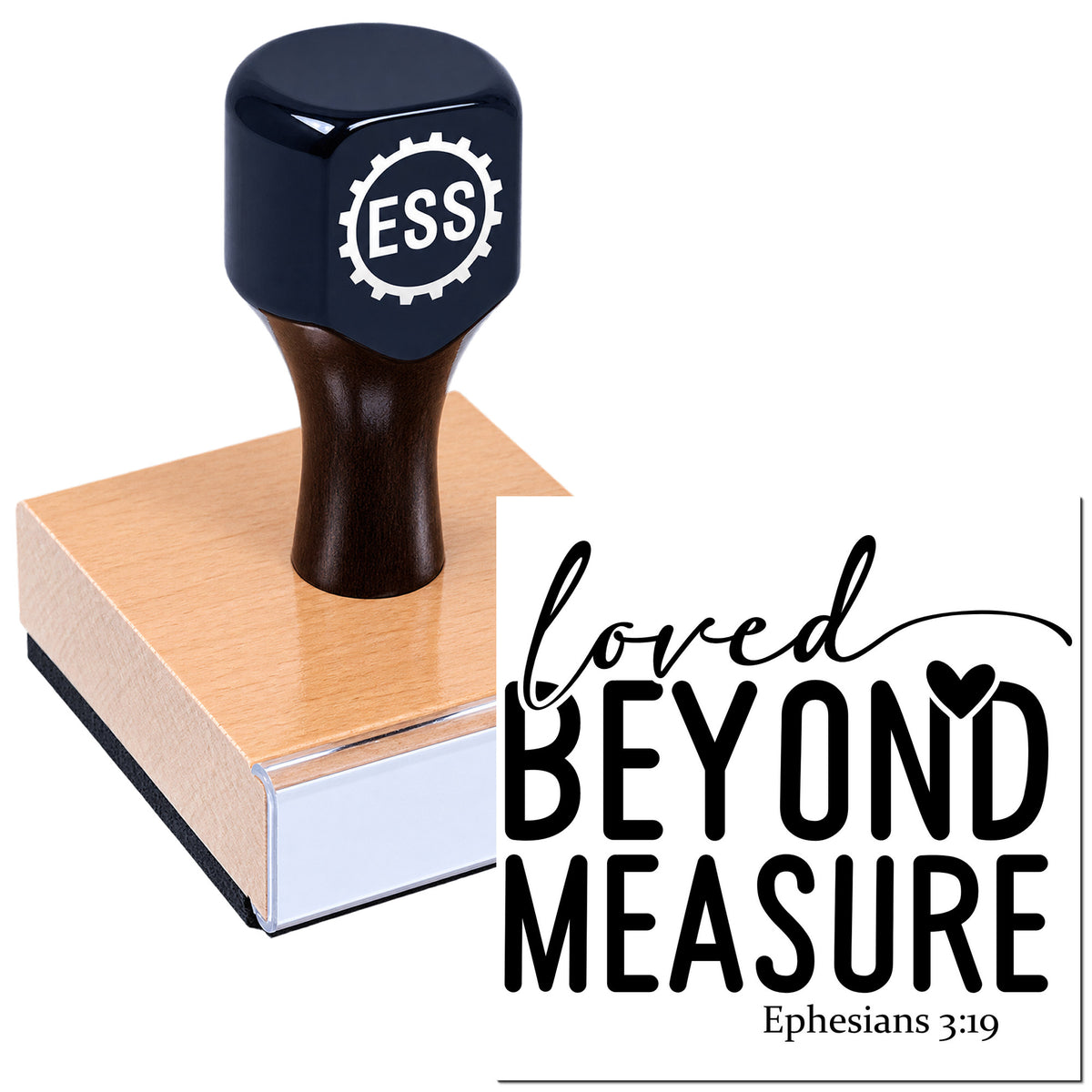 Black ESS stamp and seal on a pink wooden block with "loved beyond measure" and Ephesians 3:19 text.